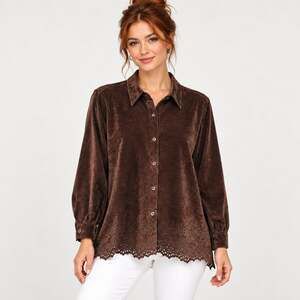 Lemon Grass Button-Up Shirt Long Sleeve Faux Suede Like Eyelets Brown Womens XL